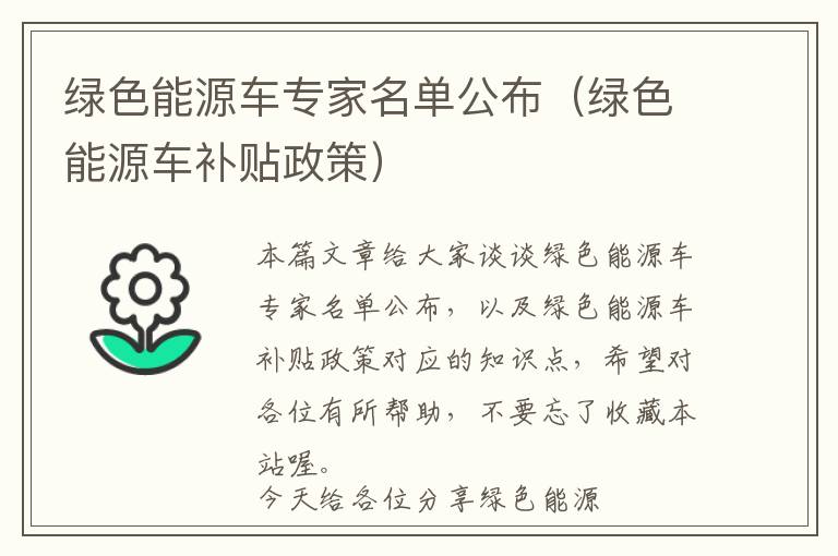 绿色能源车专家名单公布（绿色能源车补贴政策）